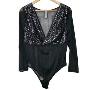 NEW Cacique Bodysuit Size 18 20 Seriously Sexy Sequin Lingerie Black Long Sleeve